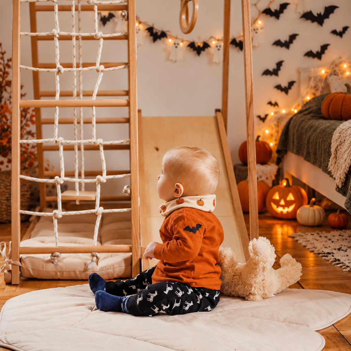 Baby sitzt auf einer gesteppten Spielmatte vor dem Klettergerüst aus Naturholz mit Kletternetz und Rutsche