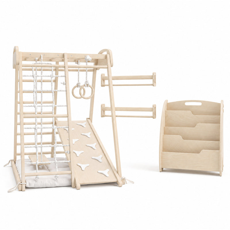Kinderzimmer Komplettset mit Montessori Klettergerüst, Bücherregal & Spielmatte