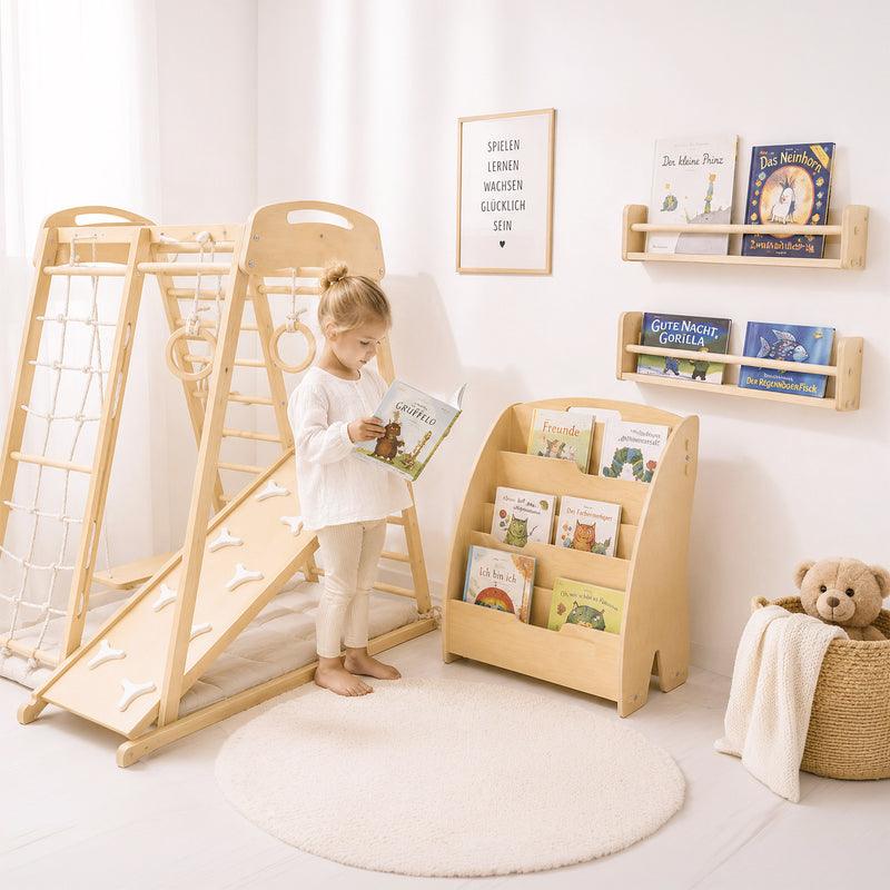 Kinderzimmer Komplettset mit Montessori Klettergerüst, Bücherregal & Spielmatte