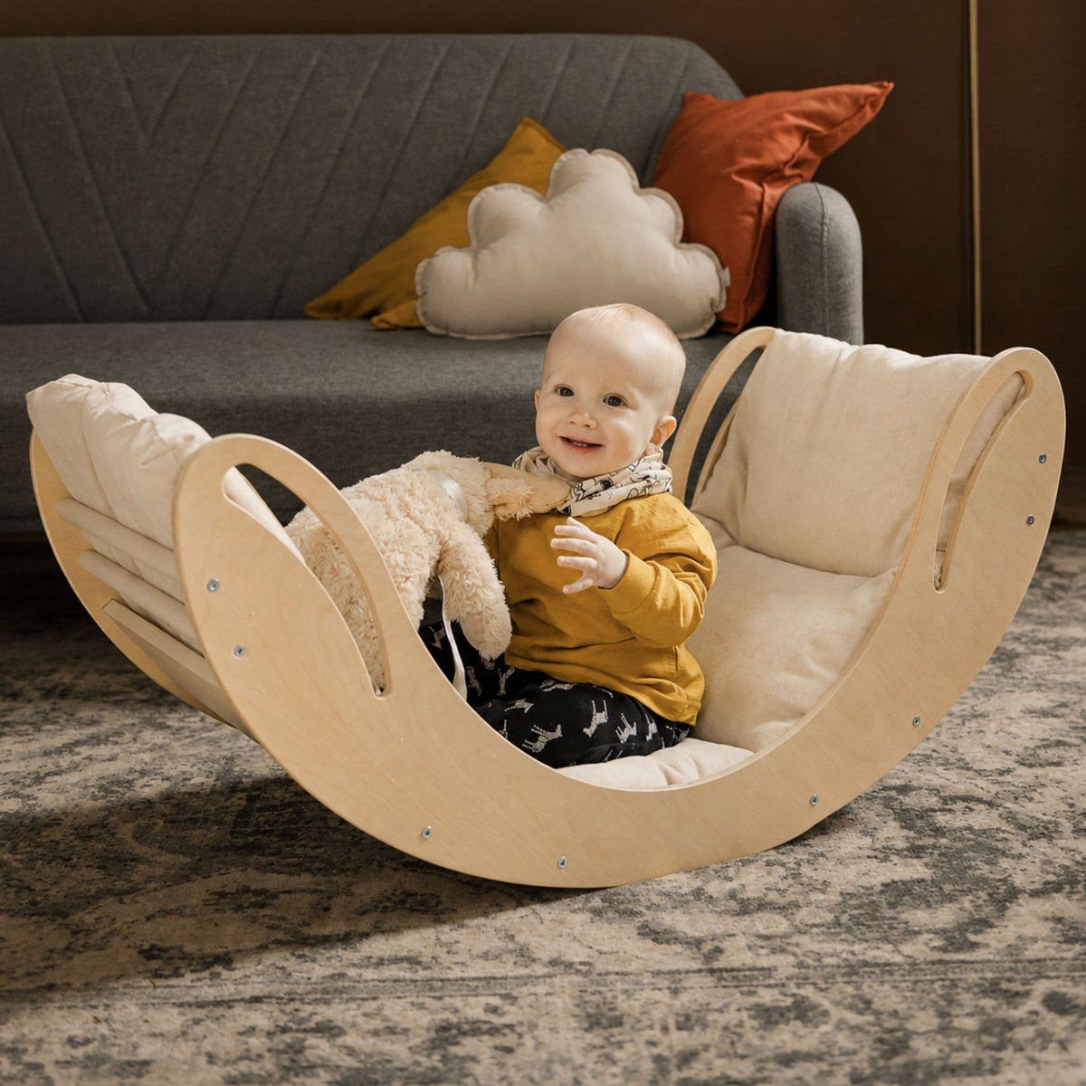 Kletterbogen-Set 2-in-1 Lächeln aus Holz mit Kissen für Kinder - Montessori-Kletterwippe - Ansicht 3