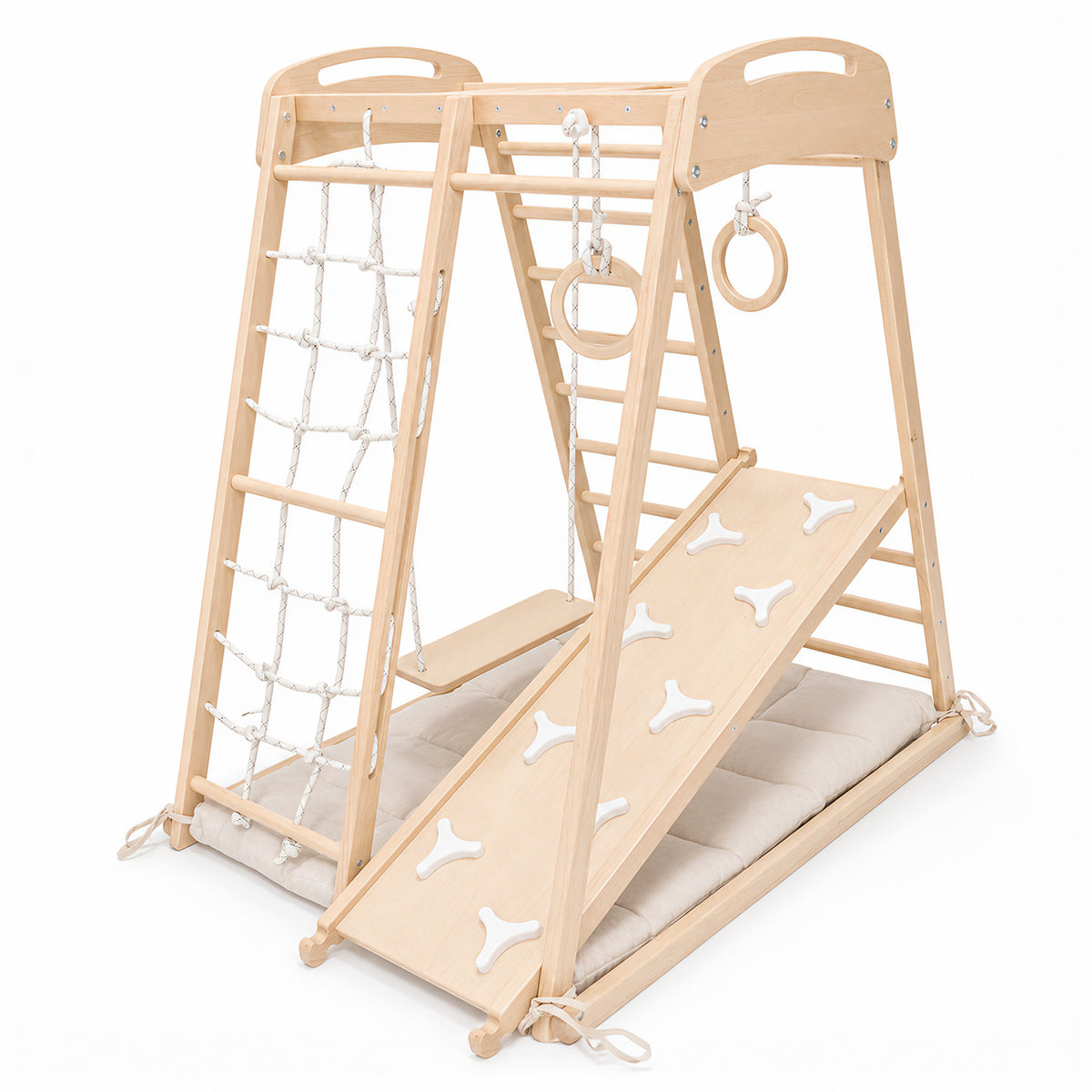Klettergerüst 5-in-1 für den Innenbereich - Montessori-Kletterset mit beidseitiger Kletterrampe/Rutsche, Schaukel, Turnringen und Turnmatte