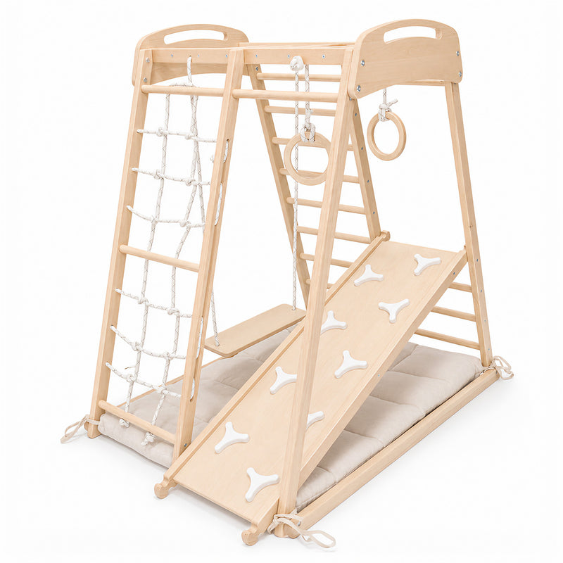 Klettergerüst 5-in-1 für den Innenbereich - Montessori-Kletterset mit beidseitiger Kletterrampe/Rutsche, Schaukel, Turnringen und Turnmatte