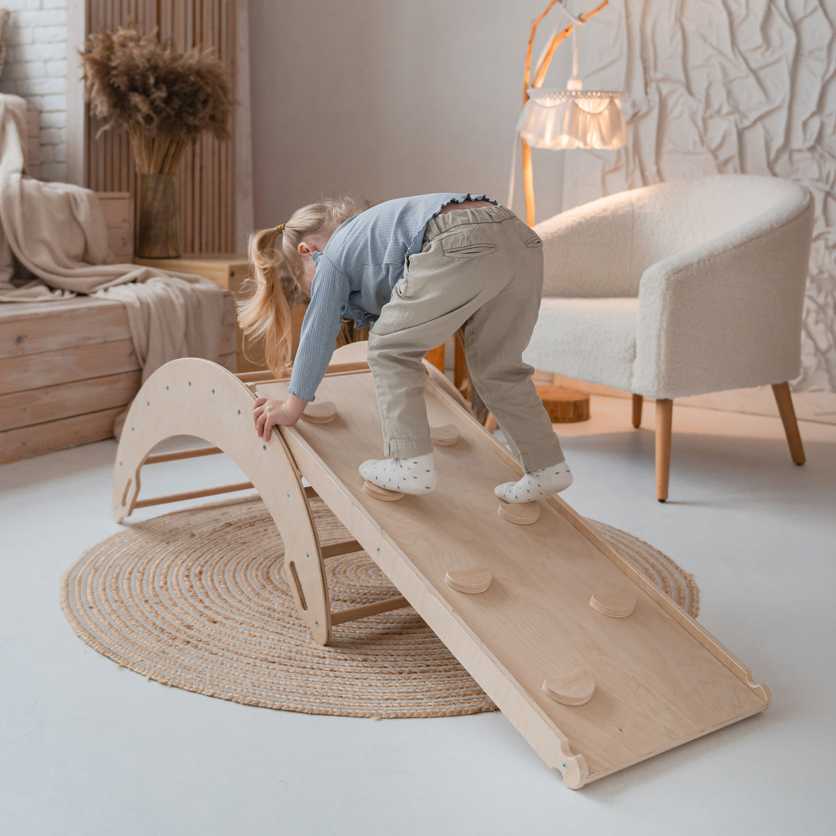 Kletterset 2-in-1 Alltag aus Holz für Kinder - Montessori-Kletterbogen mit Rutsche - Ansicht 6