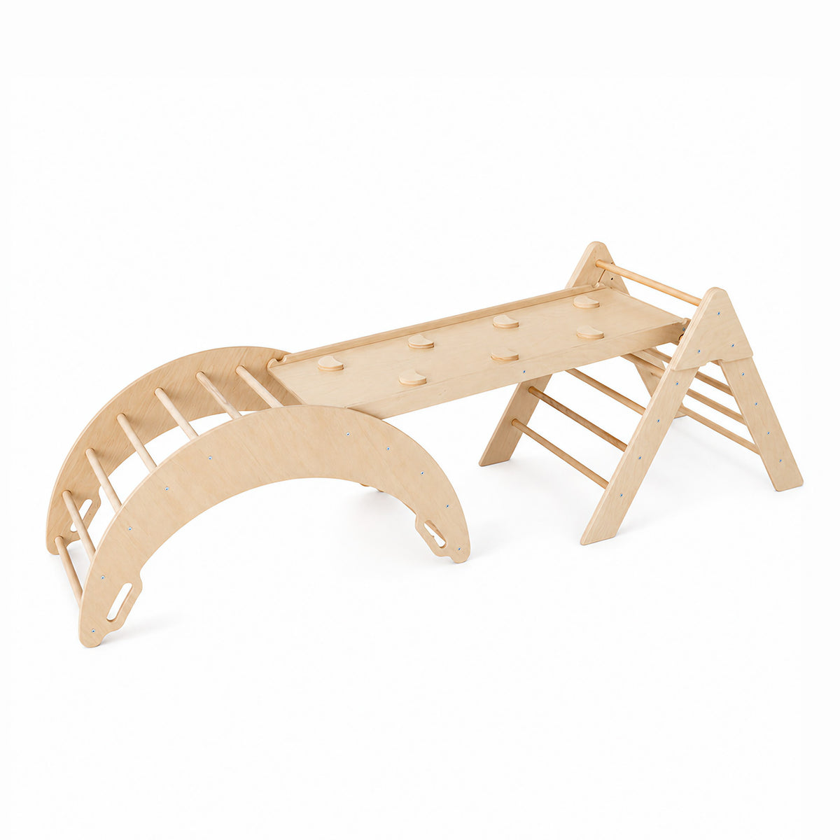 Kletterset 3-in-1 Trio aus Holz für Kinder - Montessori-Kletterbogen mit Pikler-Dreieck und Kletterrampe/Rutsche