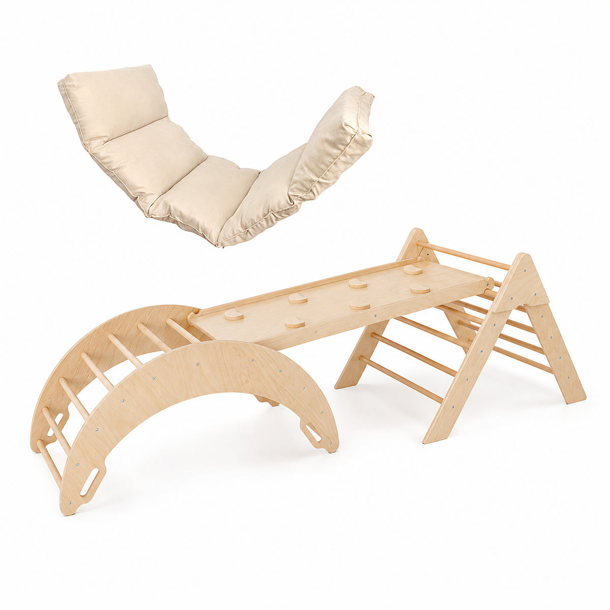 Kletterset 4-in-1 Trio aus Holz mit Kissen für Kinder - Montessori-Kletterbogen mit Pikler-Dreieck und Kletterrampe/Rutsche